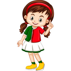Smiling Young Girl With Pigtails Wearing A Half Red Half Green Shirt And White Skirt Holding One Finger Up In A White Background
