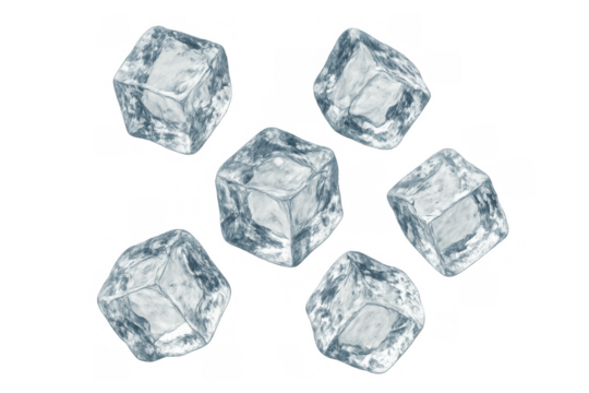 Ice cubes floating, showing coldness and freshness for drinks and refreshment concepts on transparent background