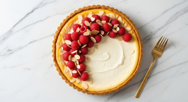 A whole raspberry cheesecake tart topped with fresh raspberries and sliced almonds, presented on a marble surface with a gold fork, a delightful and elegant dessert