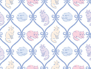 Vector cute cat coquette seamless pattern.  Blue ribbon bow and cats on white background for fabric , wallpaper or wrapping paper. Stylish neutral light print design. 