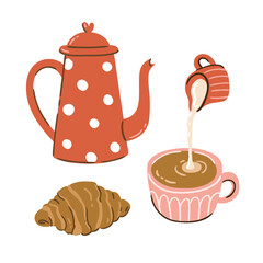 Сroissant, kettle and cup of coffee vector illustration. Doodle coffee time concept. coffee clip art isolated on white background