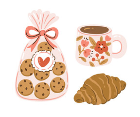 Vector breakfast illustration with coffee, cookies and croissant. Love and cute bakery design elements