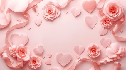 Pink rose floral frame on a soft pink background for a romantic greeting card