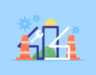 Illustration of the number 404 with safety helmet, traffic cone, wrench, and gear elements. Maintenance and repair concept. Error messages and technical problems. Flat style design. Blue background.
