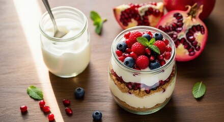 A healthy and delicious yogurt parfait layered with granola, fresh blueberries, raspberries, and pomegranate seeds, served in a glass jar with a spoon and a whole pomegranate in the background