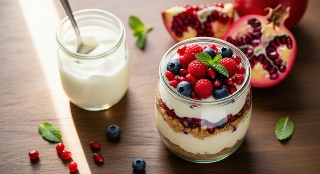A healthy and delicious yogurt parfait layered with granola, fresh blueberries, raspberries, and pomegranate seeds, served in a glass jar with a spoon and a whole pomegranate in the background - Powered by Adobe