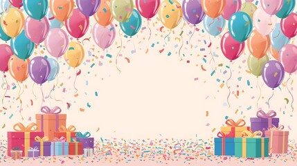 Colorful birthday celebration background with balloons, gifts, and confetti