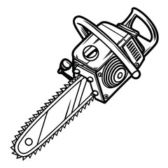 Black and white line art depicts a powerful chainsaw, showcasing its sharp cutting blade