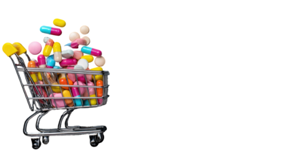 Miniature shopping cart overflowing with colorful pills, capsules, and tablets, on black