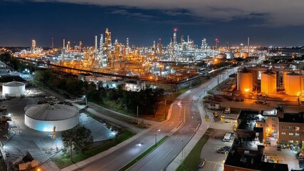 Industrial Metropolis Under Starlit Skies: An expansive industrial complex, illuminated against the backdrop of a starlit night, showcasing a vibrant cityscape and industrial prowess.