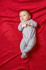 Top view of cute baby boy with a satisfied expression lying on red blanket. Vertically. 