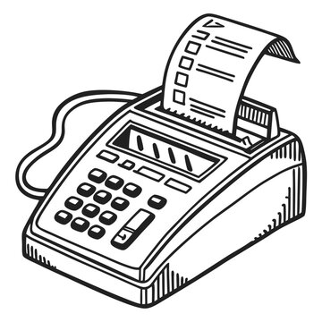 A black and white sketch shows a wired office adding machine with printing paper