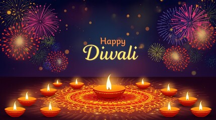 Diwali card with glowing candles and festive holiday decorations