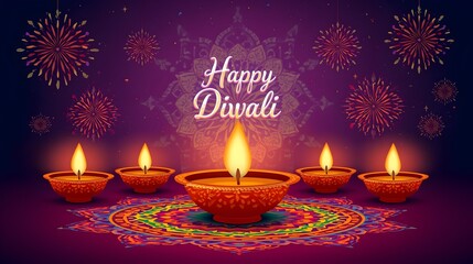 Diwali card with glowing candles and festive holiday decorations