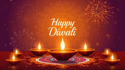 Diwali card with glowing candles and festive holiday decorations