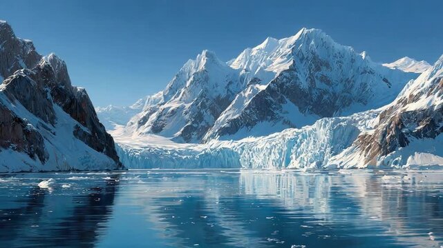 Majestic Glacier Landscape: A pristine glacier, a testament to nature's power, shimmers under a clear, bright sky, inviting a sense of wonder and awe. 