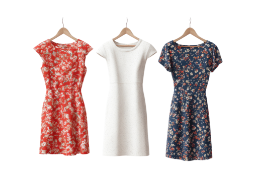 Three dresses hang on wooden hangers. One red floral, one white, and one blue floral