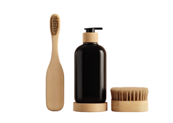 A minimalist bathroom set toothbrush, soap dispenser, and brush, all in wood and black