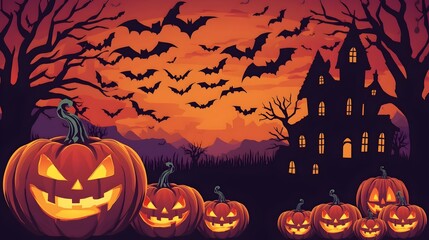 Spooky Halloween night scene with pumpkins and bats