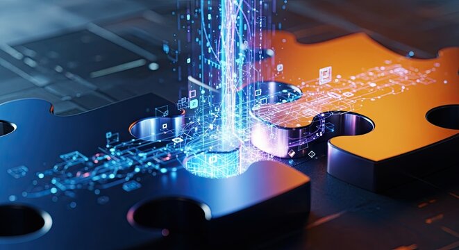Futuristic Technology Concept - Interlocking Puzzle Pieces with Digital Data Stream.