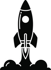 A simple black and white illustration of a rocket launching with flames