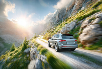 Fototapeta premium Silver SUV Driving On Mountain Road With Sunlight And Clouds Scenic Landscape Adventure Travel Automotive Industry Transportation