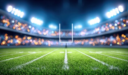 Fototapeta premium American Football Stadium With Green Grass Field And Goal Post Under Bright Lights For Sport Events And Championship