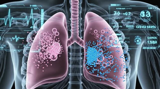 Animated 3D Model of Human Lungs Illustrating Cancerous Cell Growth and Respiratory System Function with Medical Data Overlays for Educational Purposes