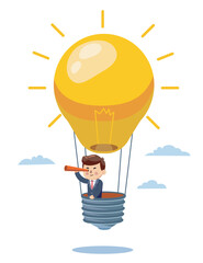 Businessman Flying in a Light Bulb Hot Air Balloon. Innovation, creative, inspiration and Vision Illustration