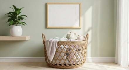 Minimalist nursery space with wicker basket containing plush toys on a soft green wall background