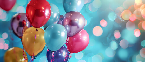 Colorful balloons float against bokeh. Shiny, smooth surfaces. Suitable for party posters, social media, and festive occasion announcements.
