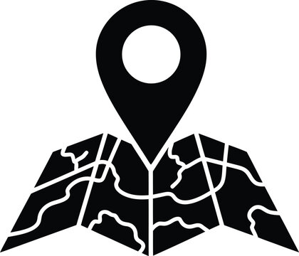 Black map pin icon with a map outline below it simple design
