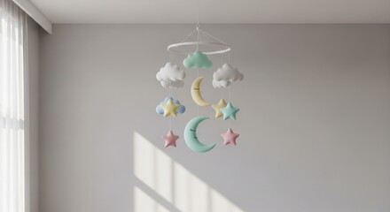 Decorative baby mobile with clouds moons and stars hanging on a grey wall