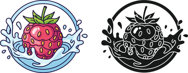 Strawberry splash illustration shown in color and black and white line art