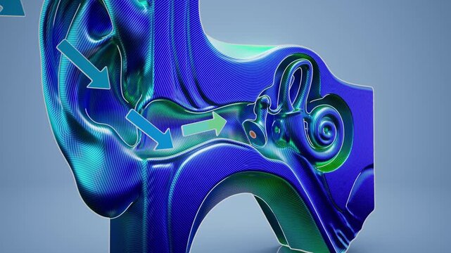 Conceptual 3D animation of an anatomical ear and sound waves