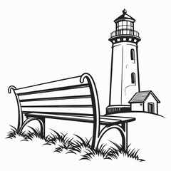 The black and white showcases a classic lighthouse near a bench and building