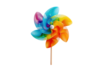 A colorful pinwheel toy with pink and yellow floral petals isolated on a white background, suggesting summer fun in the wind.