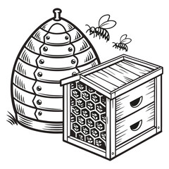 Two striped bees are flying near the skep and honeycomb wooden box