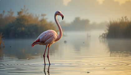 Flamingo standing in shallow water at dawn in serene bird sanctuary.