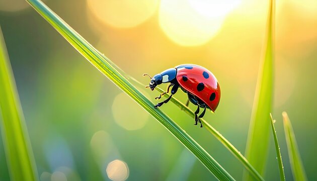 A vibrant red ladybug with black spots navigates a dew-kissed green blade of grass, bathed in the warm, golden light of sunrise or sunset.