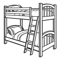 Detailed outline showcases a complete bunk bed setup with ladder in black and white