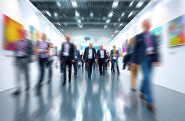 Fototapeta premium Blurred Motion Of People Walking Through Art Fair Exhibition Hall With Modern Paintings And Bright Lighting Artworks On Display