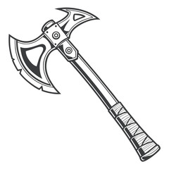 Detailed line drawing shows a formidable medieval battle axe with textured handle