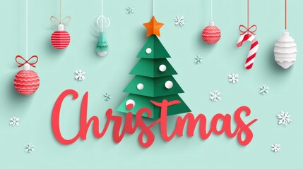 Christmas Tree And Ornaments On Light Blue Background For Holiday Season Greetings And Festive Celebrations Paper Cut Decoration