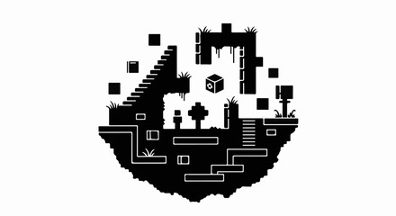 Retro video game landscape with pixelated character and floating platforms.