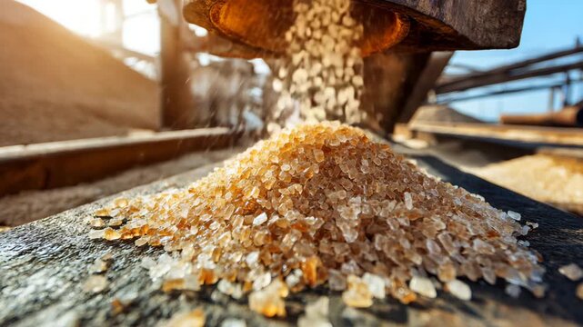 Brown sugar being poured from mill onto wooden surface under bright sunlight