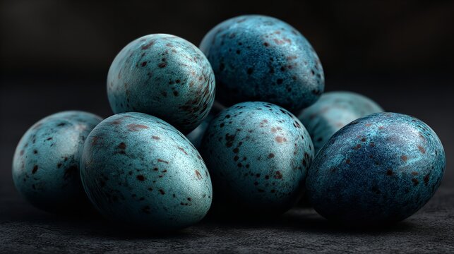 Close-up of speckled blue robin eggs stacked, capturing intricate surface details.
