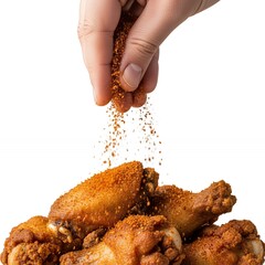Hand sprinkling Buffalo seasoning over fried wings, action shot, isolated white background
