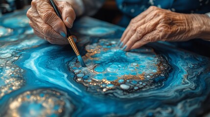 Hands of an experienced artist delicately apply colorful paint to a textured surface, showcasing creativity and skill