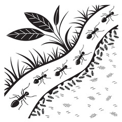 Black ants march along a curved path through minimalist foliage and branch markings